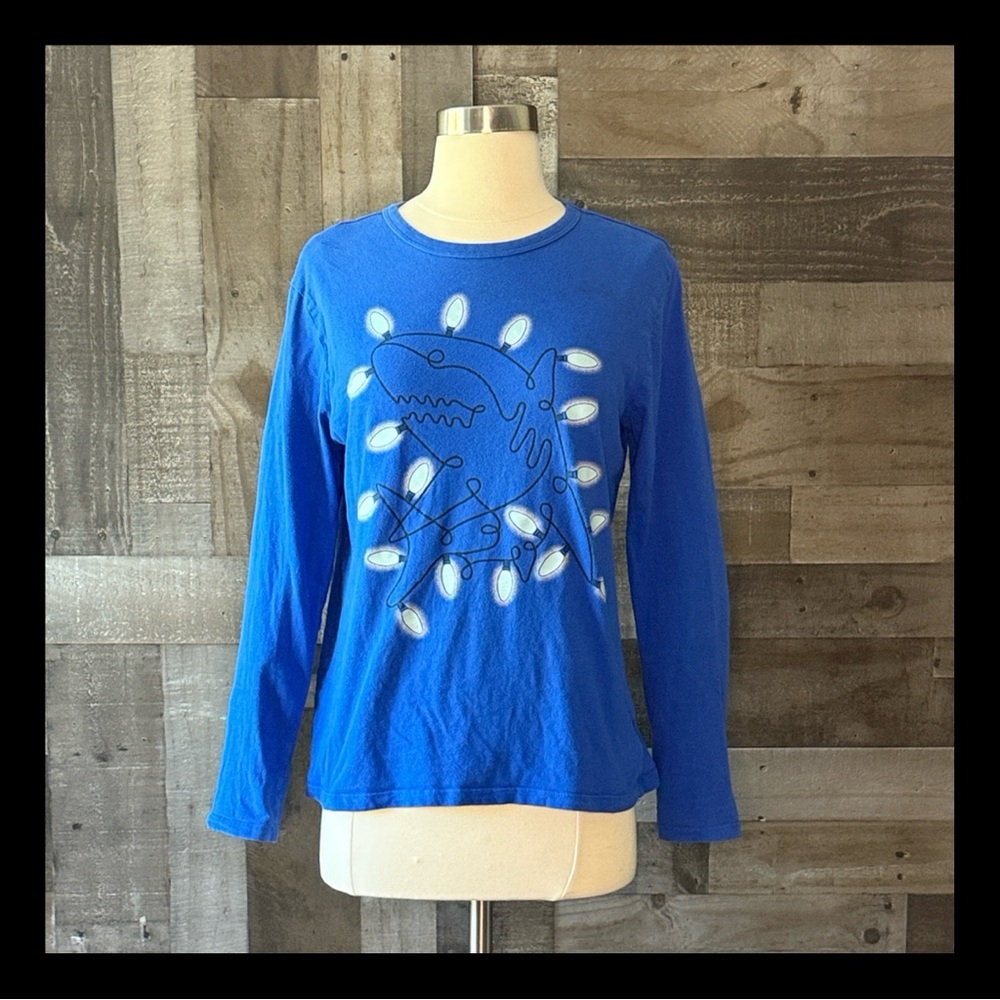 GAP Kids blue long sleeve shirt boys XXLarge shark Christmas lights holiday